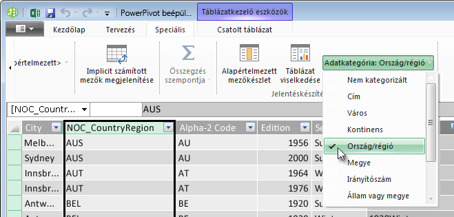 Adatkategóriák a PowerPivot bővítményben