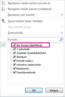 A Rendezés és szűrés csoport Az összes kijelölése jelölőnégyzete