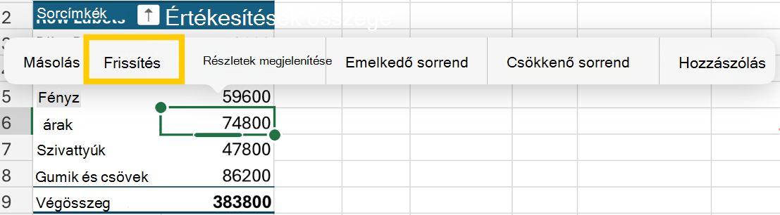 A kimutatás frissítése az iPad helyi menüjéből.