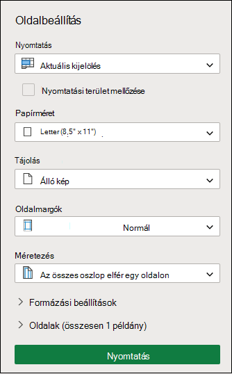 Aktuális kijelölés nyomtatása a Webes Excel-ben