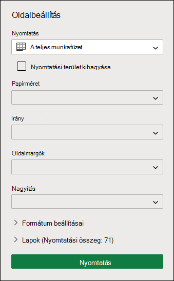 A teljes munkafüzet nyomtatása a Webes Excel-ben