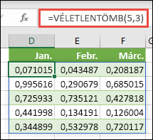 VÉLETLENTÖMB függvény az Excelben. A VÉLETLENTÖMB(5;3) egy 5 sor magas és 3 oszlop széles tömbben véletlenszerű értékeket ad vissza, 0 és 1 közé eső értékeket.