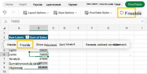 Képernyőkép a kimutatás frissítéséről az iPad Excel alkalmazásban
