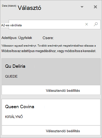 Az Adatkijelölő ablaktábla képernyőképe.
