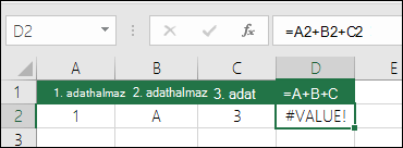 Nem megfelelő képletszerkesztés példája. A képlet a D2 cellában =A2+B2+C2