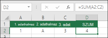 Helyes képletszerkesztés. Az =A2+B2+C2 helyett a D2s cella képlete a következő: =SZUM(A2:C2)