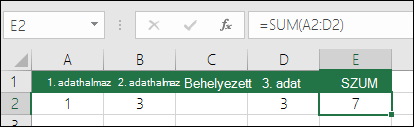 A példa egy oszlop beszúrásakor a =SZUM(A2:C2) képletről automatikusan a =SZUM(A2:D2) képletre bővülő SZUM képletet szemléltet