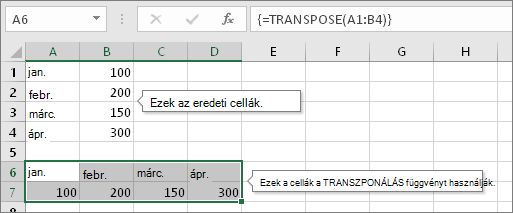 Eredeti cellák fent, TRANSZPONÁLÁS függvényt használó cellák lent