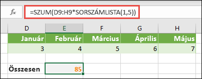 Tömbállandók használata képletekben. Ebben a példában a =SZUM(D9:H(*SORSZÁMLISTA(1;5)) képletet használtuk