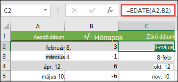 A KALK.DÁTUM függvénnyel hónapokat adhat hozzá egy dátumhoz, vagy kivonhatja belőlük azt. Ebben az esetben a =KALK.DÁTUM(A2;B2) képlet, ahol az A2 cellában dátum, a B2-ben pedig a hónapok száma adódik össze, illetve ki kell vonni.