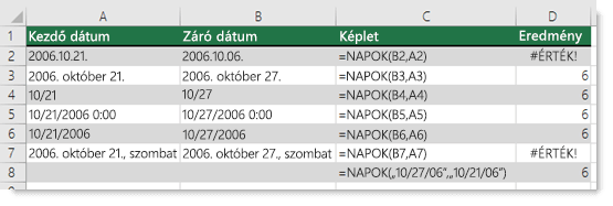 Több különböző NAPOK függvény kimenete
