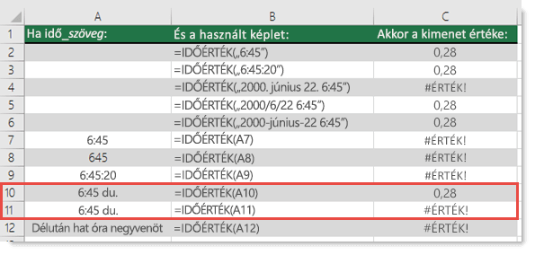 Több különböző IDŐÉRTÉK függvény kimenete