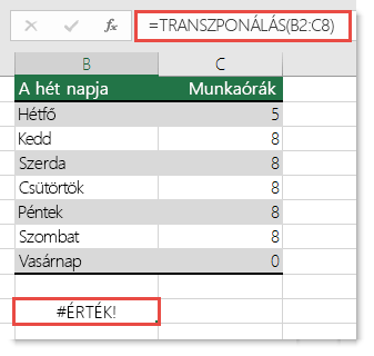 #ÉRTÉK! hiba a TRANSZPONÁLÁS függvényben