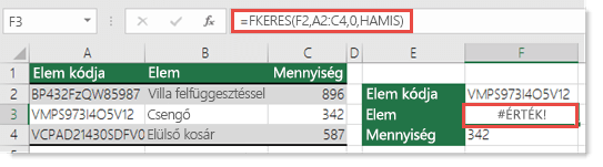 Megjelenik az #ÉRTÉK! hiba, ha az oszlop_szám argumentum értéke 1-nél kisebb