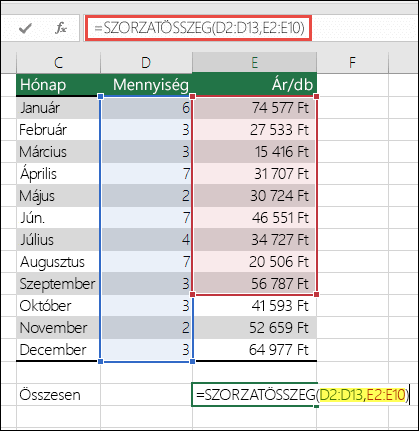 Hibát okozó SZORZATÖSSZEG képlet, =SZORZATÖSSZEG(D2:D13;E2:E10) - az E10 értéket E13 értékre kell módosítani, hogy illeszkedjen az első tartományhoz.