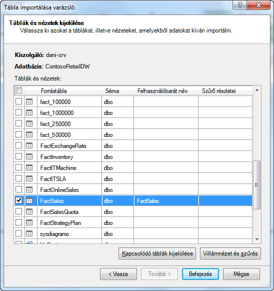 Tábla importálása varázsló a PowerPivot bővítményben
