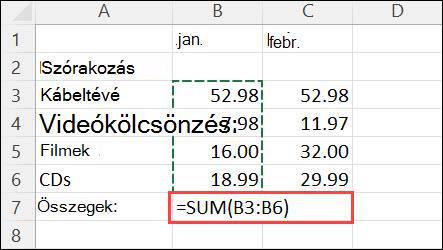 Az AutoSzum kezdőlapra > kattintva létrehozott képlet