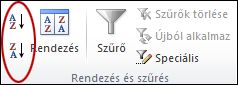 Rendezési gombok az Excel Adatok lapjának Rendezés & Szűrés csoportjában