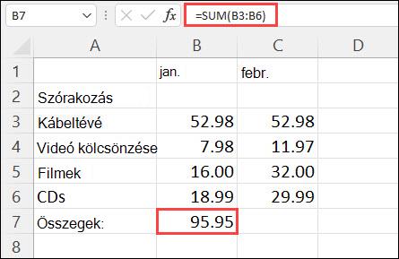 Az AutoSzum gombbal előállított eredmény a B7 cellában
