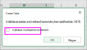 Párbeszédpanel, amelyen egy adattartomány táblázattá alakítható át