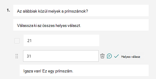 A helyes válaszüzenet testreszabása a Microsoft Forms