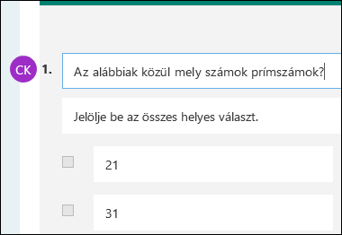 A tesztkérdés mellett megjelenő közreműködői monogramok