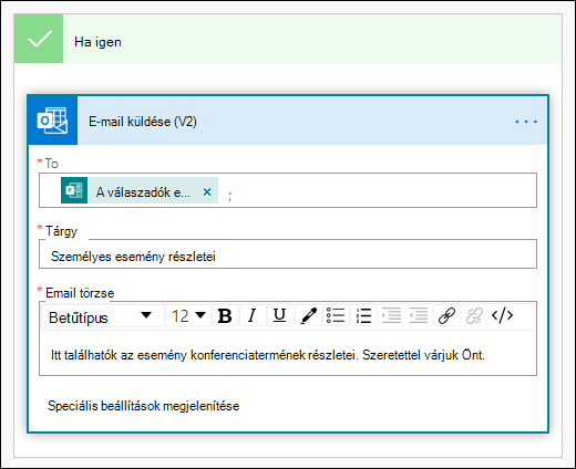 Személyek, tárgysor és szövegtörzs hozzáadása az e-mailhez műveletként a Power Automate-ben