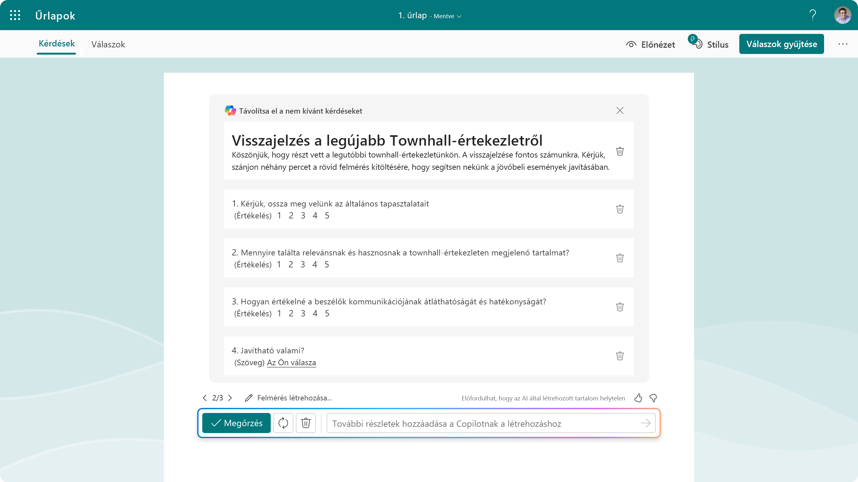 Képernyőkép a Forms Copilot javasolt kérdéseiről