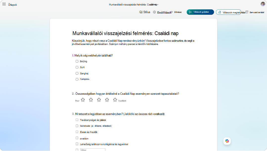 Képernyőkép a Microsoft Forms alkalmazotti visszajelzési felméréséről, eseményértékeléssel és visszajelzési kérdésekkel