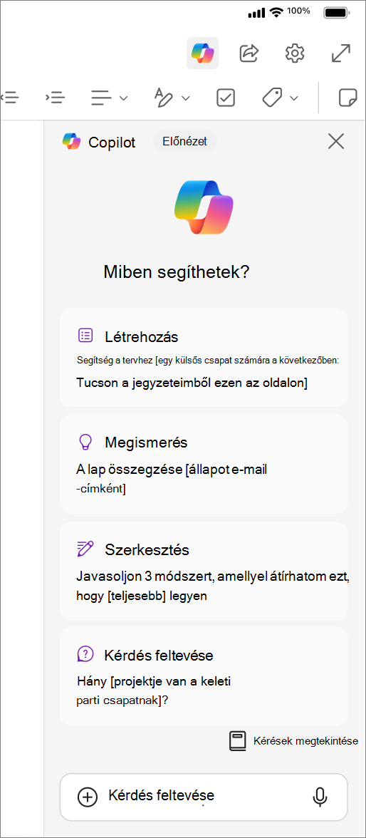 A Copilot gomb elérése az iOS OneNote-ban