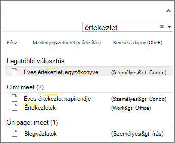 Használja a Keresőt, ha a OneNote-on belül szeretne megkeresni egy jegyzetet.