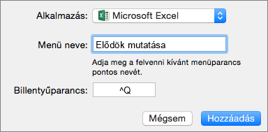 Példa a Mac Office 2016 egyéni billentyűparancsaira