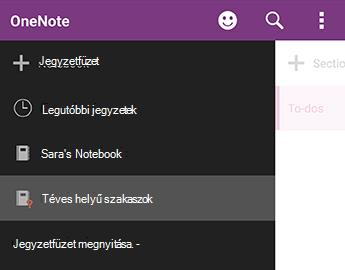 Téves helyű szakaszok az Android OneNote-ban