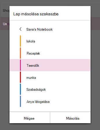 A Lap másolása szakaszba menü az Android OneNote-ban