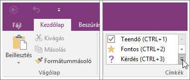 Képernyőkép a OneNote 2016 címkelistájáról
