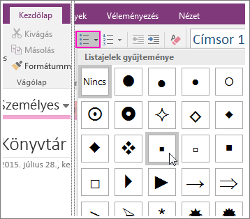 Képernyőkép, mely szemlélteti, hogyan adhat hozzá listajeleket egy laphoz a OneNote 2016-ban.