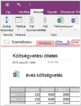 Képernyőkép: beágyazott munkafüzet a OneNote 2016-ban.