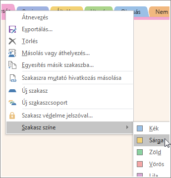 Screenshot of how to change a section color in OneNote 2016.