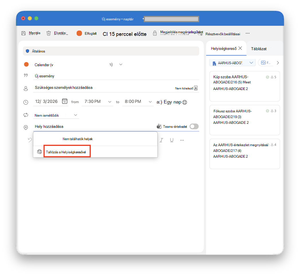 Böngészés a Helyiségkeresővel a Mac Outlook alkalmazásban