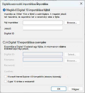 A tallózás gombra kattintva keresse meg a digitális azonosítót, és írja be a tanúsítvány ebbe a fájlba való exportálásakor megadott jelszót