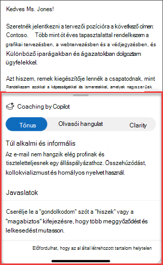 A Copilot hangnemre, érthetőségre és olvasói hangulatra vonatkozó javaslatai az Outlook mobilverziójában