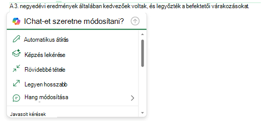 Egy e-mail kijelölt szövege, és a kibontott Copilot menü megjeleníti a szöveggel elvégezhető műveletek lehetőségeit.