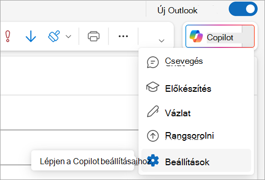 Az Outlook jobb felső sarkában található Copilot menü Beállítások elemét jeleníti meg.