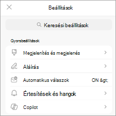 Mobileszközön jeleníti meg a beállításokat, a Copilot pedig a Gyorsbeállítások között szerepel.