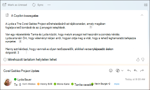 E-mail-beszélgetés összefoglalása a Copilot által létrehozott idézetekkel