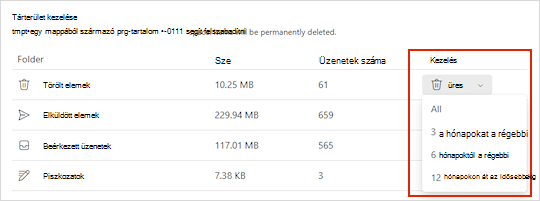 A Outlook.com tárolási beállításai.