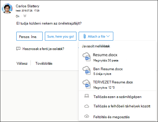 Javasolt fájlok csatolása az Outlookban.