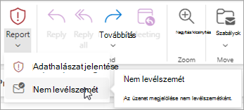 A Report > Not Junk gombbal visszaállíthat egy üzenetet a Junk Email mappából, majd beállíthatja az Outlookot, hogy ne küldjön onnan érkező üzeneteket a Junk Email mappába.