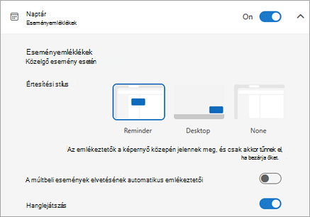 Képernyőkép a Calendar eseményemlékeztetők beállításairól