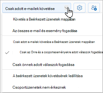 A legördülő listában a következő lehetőségek láthatók: követés a Beérkezett üzenetek mappában, Csak meghatározott e-mailek követése a Beérkezett üzenetek mappában vagy Követés leállítása a Beérkezett üzenetek mappában.